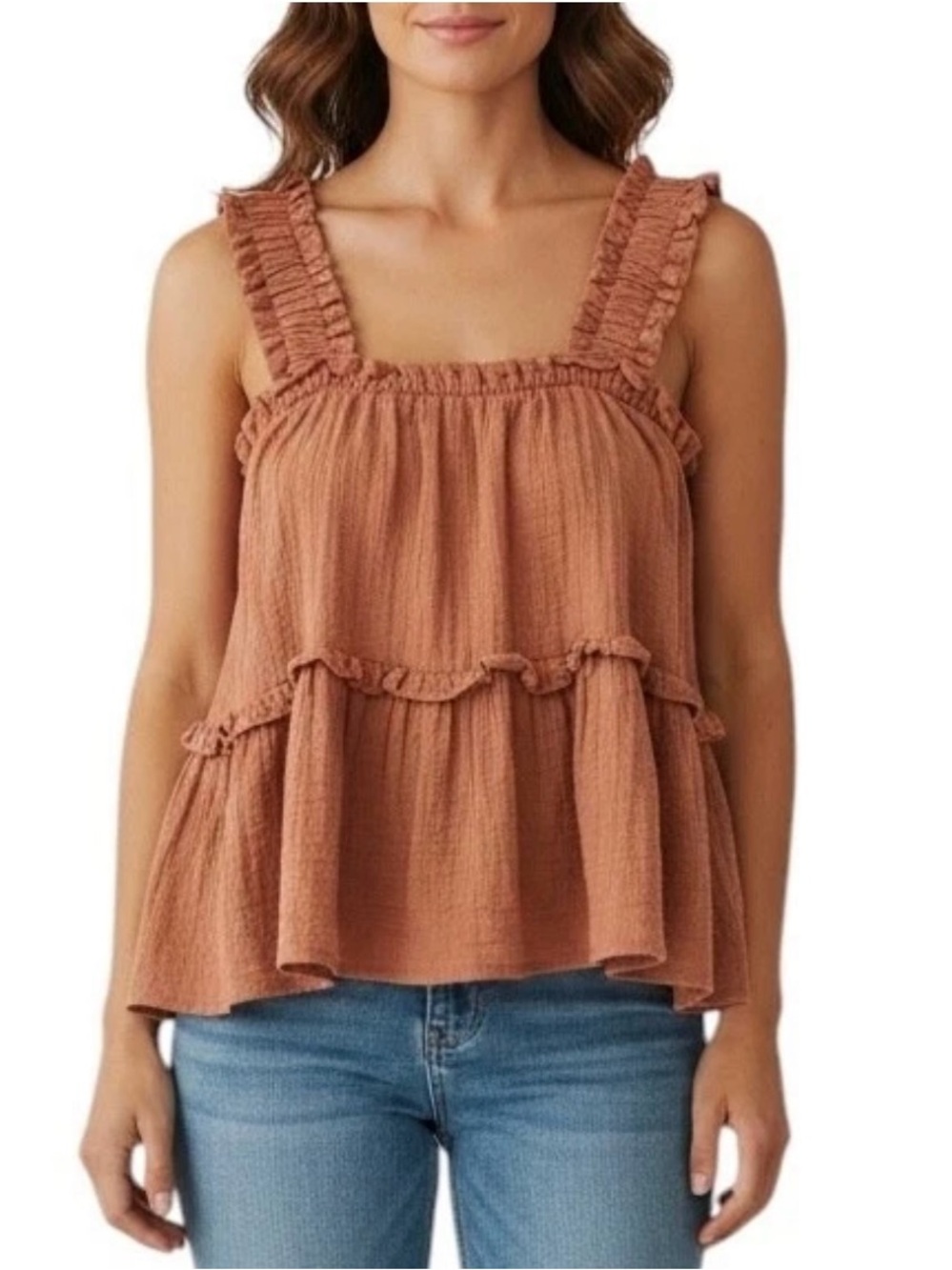 Oliviaceous Cotton Gauze Sleeveless Trapeze Baby doll Tiered Top M